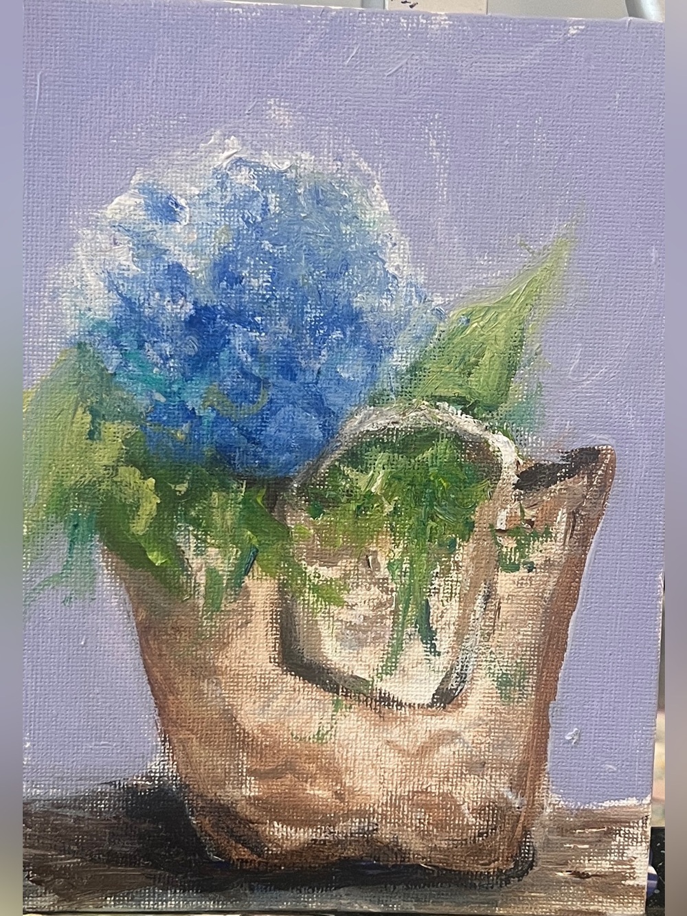 Blue Hydrangea in Rustic Pot - Original Floral Painting hand painted
